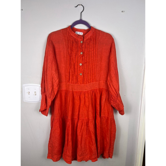 Unbranded Dresses & Skirts - Made in Italy 100% Linen Dress Coral/Orange Tiered Button Front One Size Resort